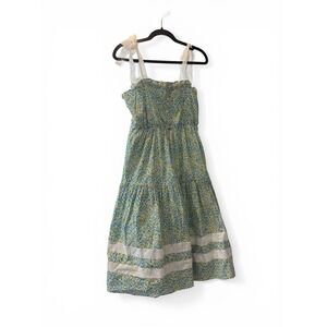 THE SHIRT Rochelle Behrens Floral Tiered Midi Dress Blue Yellow Cotton Sz M NWT